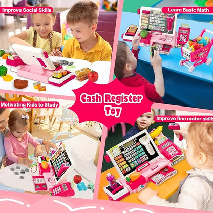 Kids Cash Register Toy with Shopping Cart Toddler Pretend Play Store Cashier Register for Kids with Music / Real Calculator / Scanner Learning Toys for Girls Birthday Gift for 3-8 Year Old Girl
