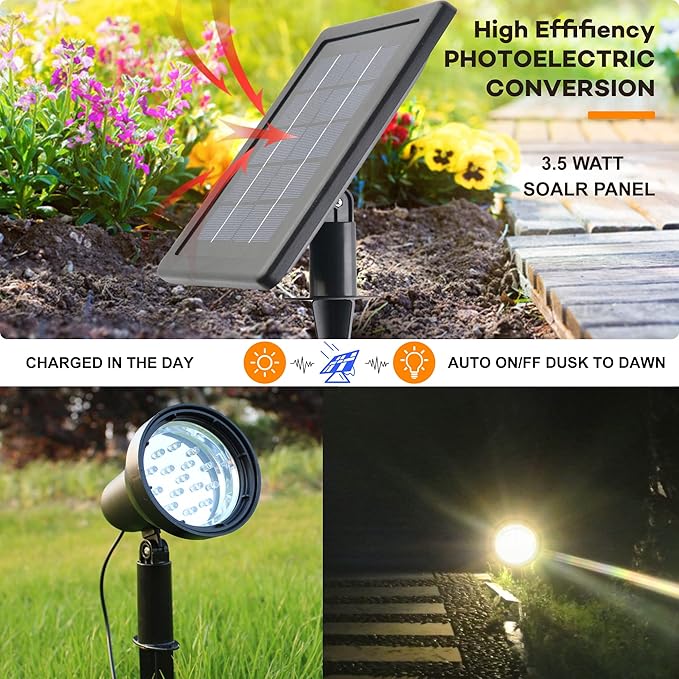 SUNLONG Solar Powered Spot Lights Outdoor Waterproof 2 in 1 Bright Solar SpotLights Power Adjustable for Flag Yard Flagpole Landscape Dusk to Dawn 2 x Spots Warm White