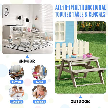 Costaelm Kids Picnic Table, HDPE All Weather Outdoor Toddler Picnic Table and Chair Set Kids Bench for Patio, Backyard, Garden, Lawn, Sand