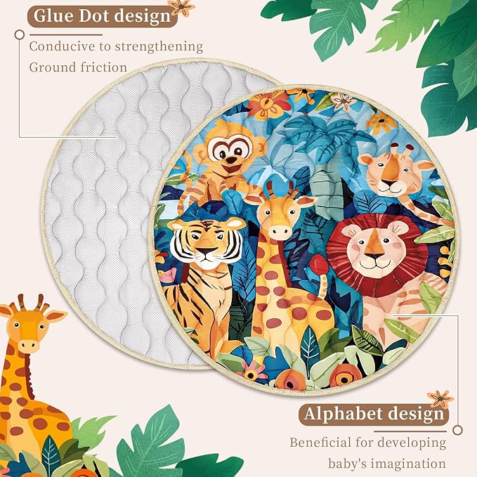 Baby Play Mat Round for Floor, GFU Non-Slip 40x40 Round Mat, Thick One-Piece Crawling Mat Animals, Infants Playmat Foldable and Machine Washable for Boys and Girls