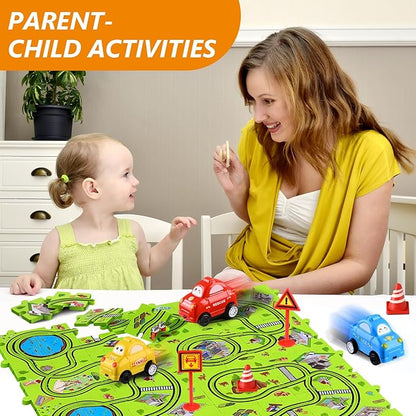 64 PCS Puzzle Race Track Car Set: Toddlers Kids Boys Girls Toys & Gifts for 3 4 5 6 Year Old | Puzzle Tracks Car Toys | with 3 Small Cars Toy and Roadblocks | Play & Learn Toy | Kid for Ages 3-5 4-6