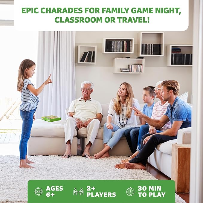Epic Charades Game for Kids Ages 6+ – 200 Act Out & Explain Cards with Illustrations & Timer – Fun Educational Game for Family, Party, Classroom & Travel