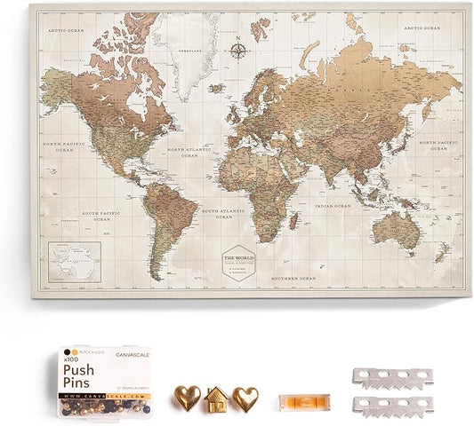 Canvas World Map with Cork Pin Board - English Lettering - Decorative Wall Decoration for All Rooms - Canvas Pictures with World Map Motif (150x100 cm, Pattern 16)