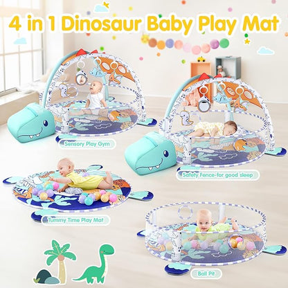 5-in-1 Baby Play Mat - Dinosaur Themed Activity Gym for Babies 0-6 Months with Ball Pit, Detachable Sensory Toys, Pillow, Machine Washable