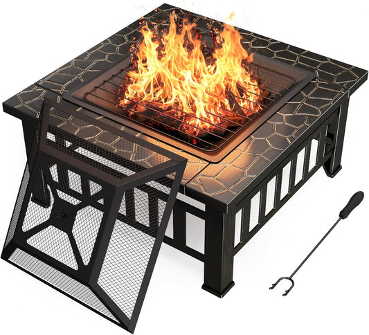 Devoko Outdoor Fire Pit, 32 Inch Firepit Table Metal Outdoor Fireplaces with Waterproof Cover for Outside Patio Camping (Bronze)
