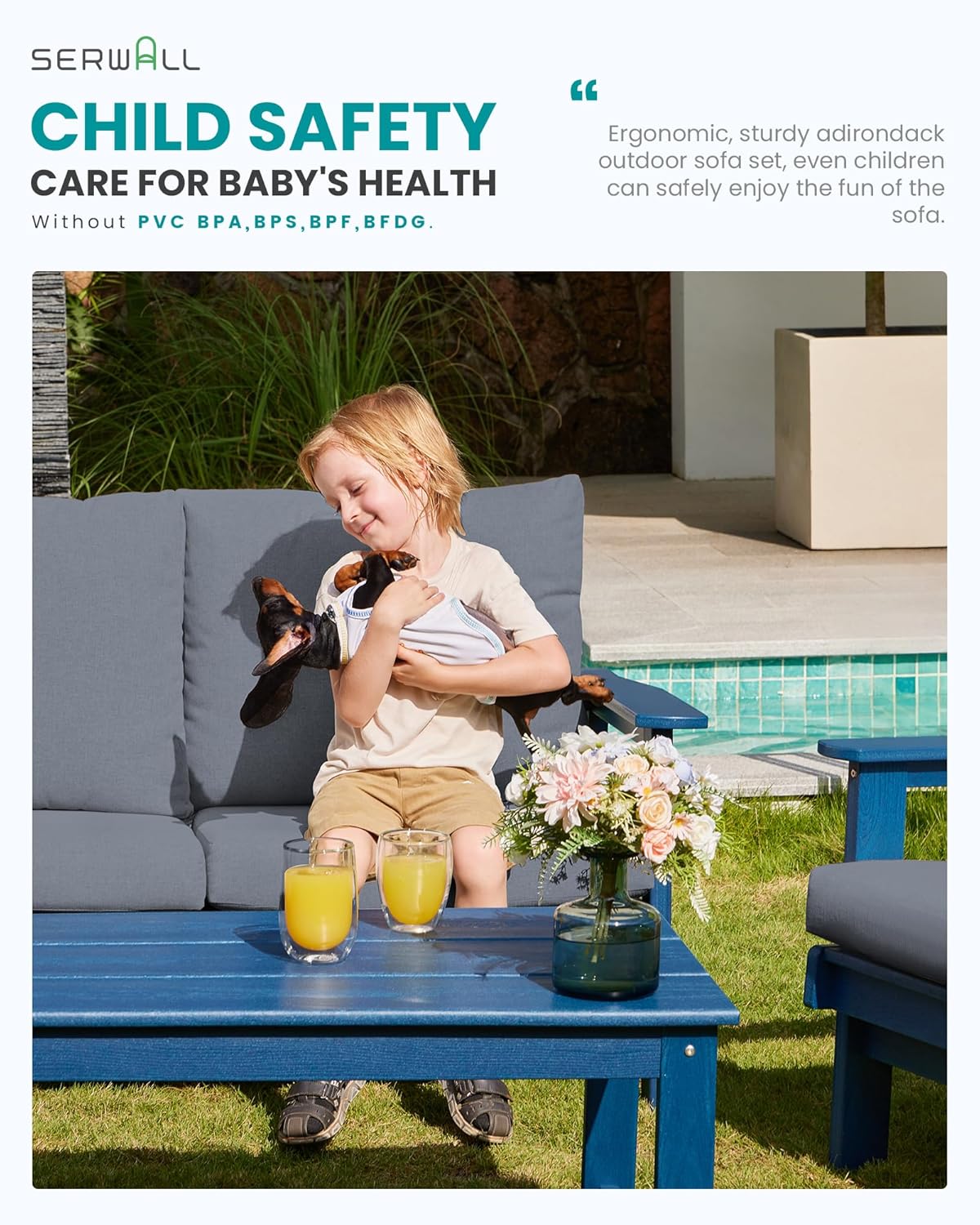 SERWALL HDPE Outdoor Patio Loveseat, Blue Frame and Grey Cushion