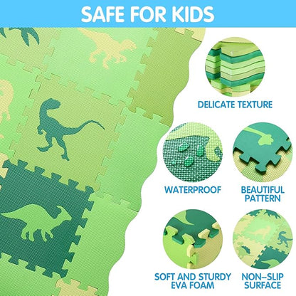 Foam Play Mat for Kids，25Pcs Square Interlocking Puzzle Floor Mat，Baby Play Mat Floor Mat Foam Puzzle Playmat for Toddlers with Fence - Green Dinosaurs