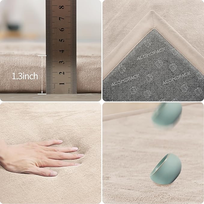 ACOMOPACK Baby Play Mat for Floor 1.3" Thick Memory Foam Play Mat 59"×71" Tummy Time Crawling with Non-Slip Bottom for Living Room,Nursery,Soft Velvet Playpen Mats for Kids,Infants（Beige）