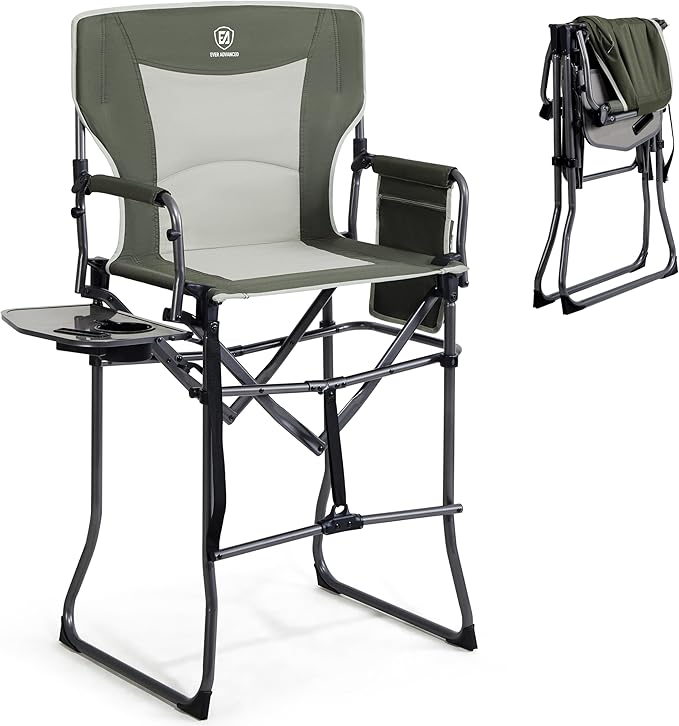 EVER ADVANCED Portable 30.7" Seat Height Tall Folding Camping Chair Directors Chair High Foldable Bar Stool with Side Table for Makeup Artist, Sports Event, Craft Show, Supports 350LBS Green Grey