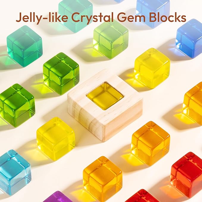 Woodtoe Wooden Rainbow Building Blocks Set for Kids, 22 PCS Wooden Blocks & 25 PCS Gem Cubes Stacking Blocks, Montessori Stacking Toys for Toddlers, Educational STEM Easter Toys for Boys Girls 3-6