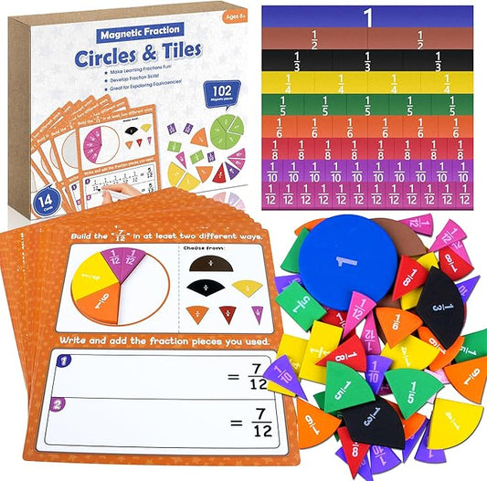ZKOO Magnetic Fraction Tiles & Fraction Circles Activity Set, Math Manipulatives for Elementary School, Math Learning Magnets Puzzles, School Educational Resources Classroom Educational Kit
