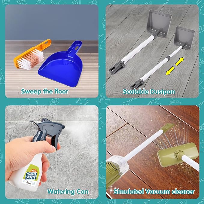 Kids Cleaning Set for Toddlers Pretend Play Housekeeping Supplies Kits with Real Working Vacuum Cleaner, Broom, Spray Bottle, Dust Pan and More Role Play Educational Toys for Toddler Boys Girls (Red)