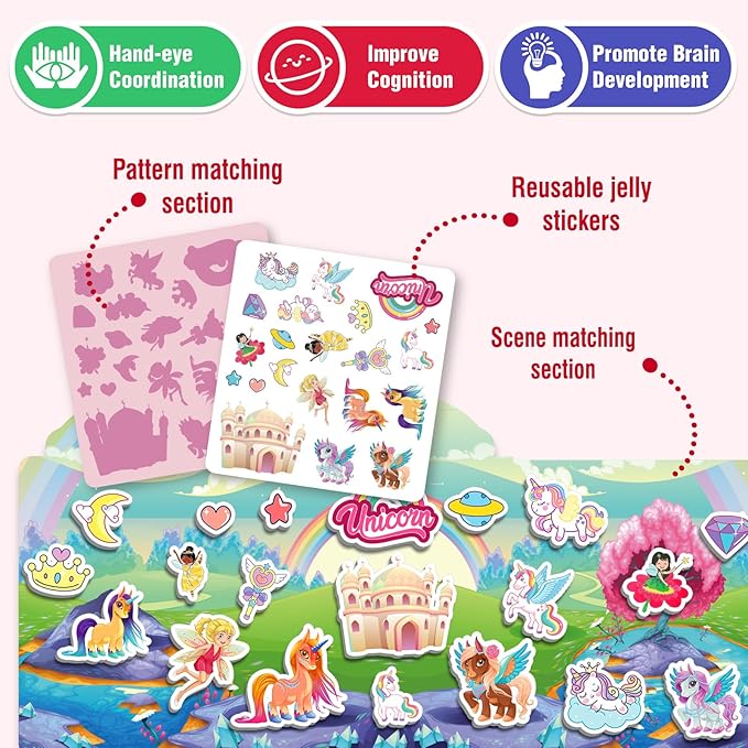 2 Sets Reusable Sticker Books for Toddlers 1-3, Princess Jelly Sticker Books for Kids 2-4 Years, Toddler Travel Toys Activity Road Trip Essentials for Kids- Princess + Unicorn