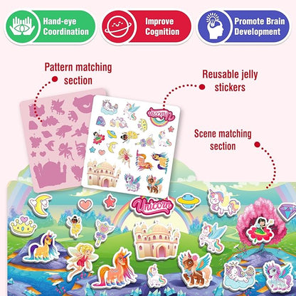 2 Sets Reusable Sticker Books for Toddlers 1-3, Princess Jelly Sticker Books for Kids 2-4 Years, Toddler Travel Toys Activity Road Trip Essentials for Kids- Princess + Unicorn