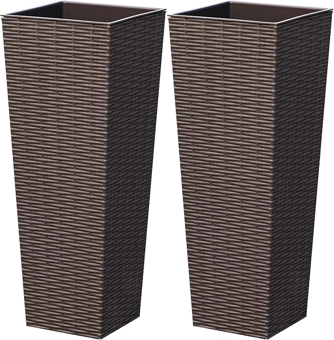 Greesum 24 Inch Tall Plastic Planters with Rattan Texture – Set of 2, Detachable Inner Pot & Drainage Holes, Indoor/Outdoor Decorative Flower Pots for Large Plants, Trees, Patio, and Garden, Brown