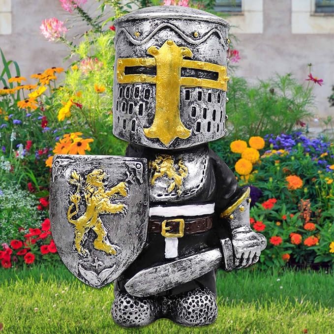 nezababy Knight Gnomes Guard Garden Statue Decoration Medieval Wee Crusader Battle Swordsman Fighting Outdoor Figurines Lawn Decor Resin (A)