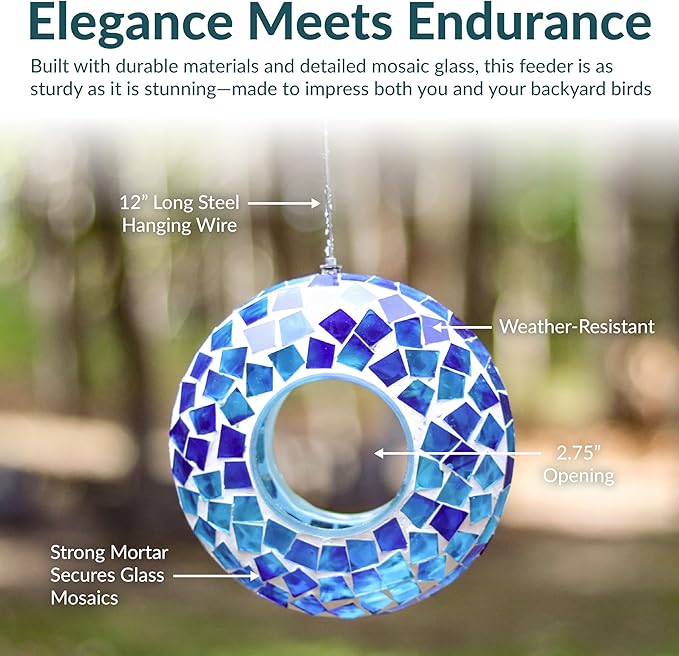 Sunnydaze 6-Inch Glass Mosaic Hanging Bird Feeder for Outdoors - Fly-Through Wild Bird Feeder - Blue Mosaic