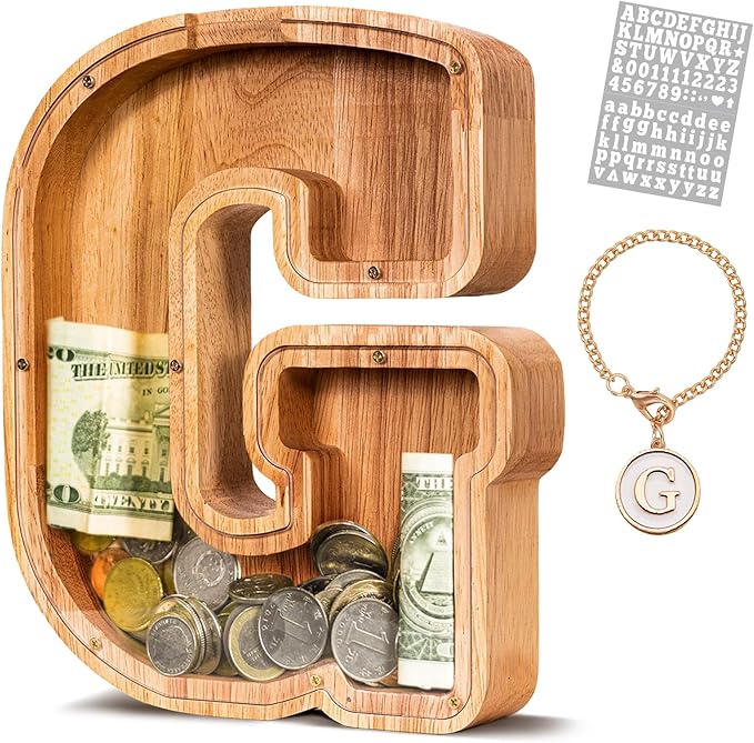 KMC Wooden Letter Piggy Bank, Personalized Initial Piggy Bank for Kids Boys, Clear Alphabet G Wood Money Box, Unbreakable Coin Saving Jar, Birthday, for Children