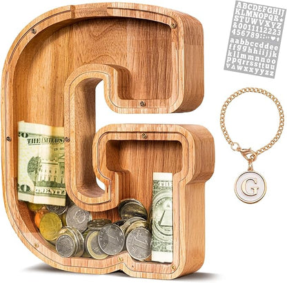 KMC Wooden Letter Piggy Bank, Personalized Initial Piggy Bank for Kids Boys, Clear Alphabet G Wood Money Box, Unbreakable Coin Saving Jar, Birthday, for Children