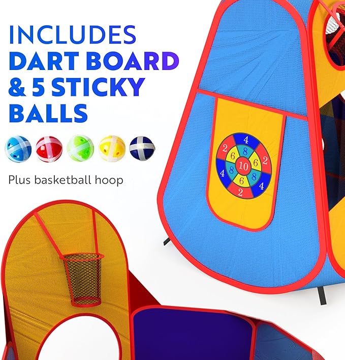 Playz 5pc Kids' Play Tents & Tunnels - Ball Pit for Toddlers, Basketball Hoop, Crawling Tubes, Pop-Up Playhouses, Baby Obstacle Course for Indoor or Outdoor Use