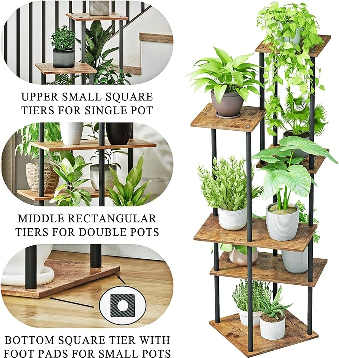 Plant Stand Indoor 6-Tier Metal Wood Plant Shelf for Multiple Flower Pots Corner Tall Flower Holders for Living Room Balcony Bedroom, Rustic Brown