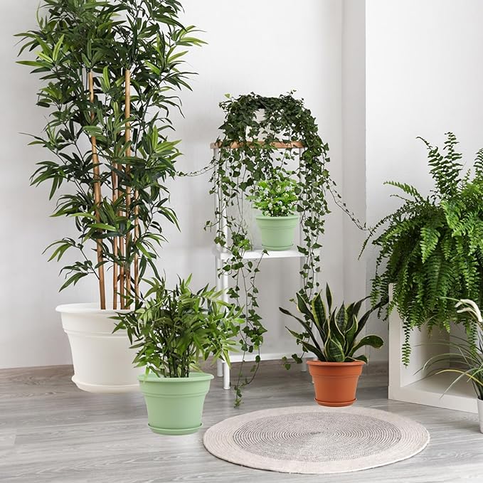 9 Inch Plastic-Flower Pot-for-Indoor Plants, 4 Pack Large Outdoor Planter Pot with Drainage Holes & Saucers, Resin Decorative Garden Pots Planters