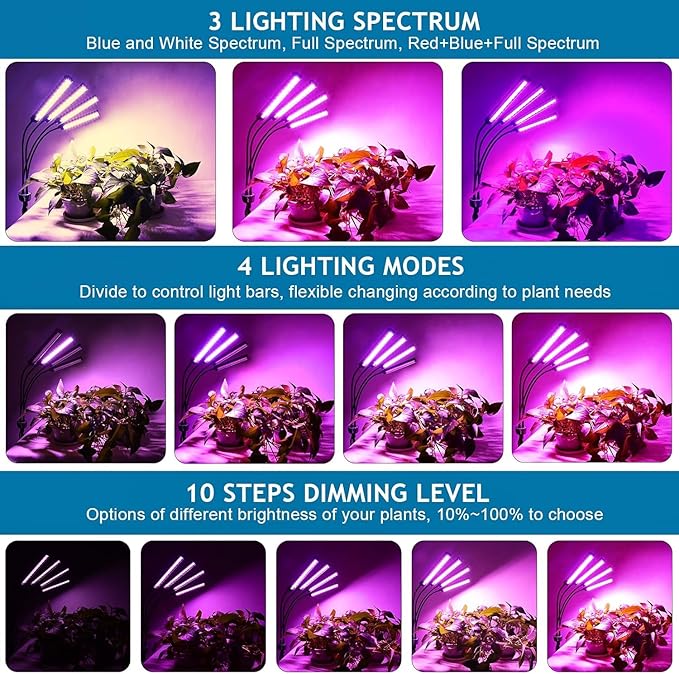 LED Grow Lights for Indoor Plants, 432 LEDs Red Blue White Full Spectrum Plant Lights for Indoor Growing with 15-63 inches Adjustable Tripod Stand, 4 Heads Grow Lamp with 4/8/12H Auto On/Off Timer