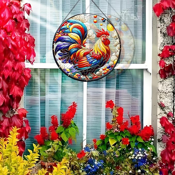 RIVEENY Rooster Glass Window Hangings, 8" Rooster Sun Catcher Stained Glass Window Panels, Wall Art Stained Panel Hangings Gift for Home Garden Ornament (Roosters)