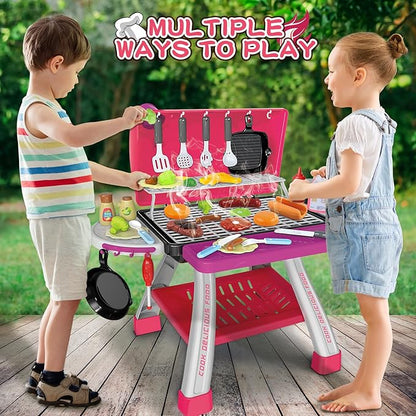Kids Play Kitchen Toys, Kids BBQ Grill Kitchen Playset with Smoke, Sound & Light, Pink Play Food Toys Cooking Set, 2-Layer Barbecue Outdoor Play Grill Toy Gift for Toddler Girls 3-5, Pink