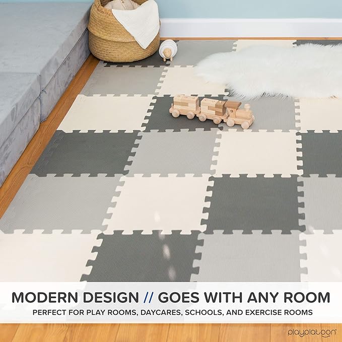 Play Platoon Non-Toxic Foam Puzzle Floor Mat, Comfortable, Extra Thick, Cushiony Play Mat for Toddlers, Kids & Adults, 36 Tiles (12"x12"), Square, Grey/Cream/Charcoal