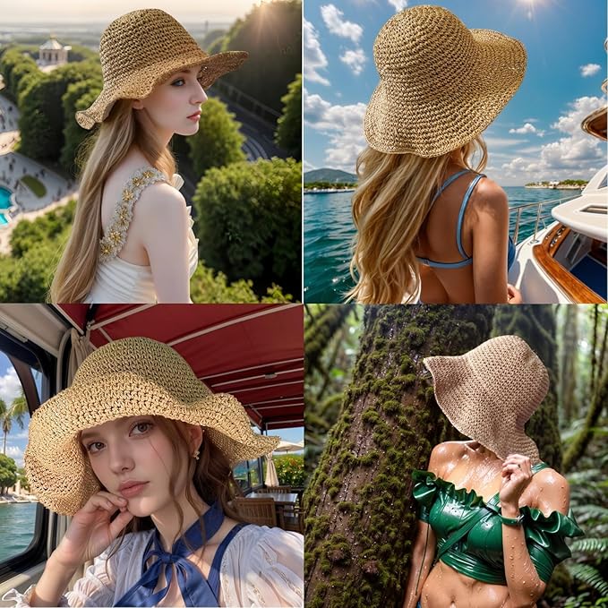Womens Straw Beach Sun Hats, Foldable Packable Floppy Handmade Crochet Hats for Women,Large Summer Vacation Wide Brim Hat