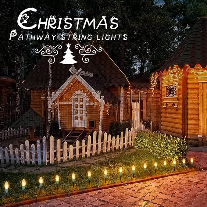 C9 Christmas Pathway String Lights Outdoor - 2 Pack Total 51.4 FT 40 Clear Lights with 40 Stakes, Connectable Waterproof Walkway Lights for Indoor Xmas Party Holiday Commercial Decoration, Warm White