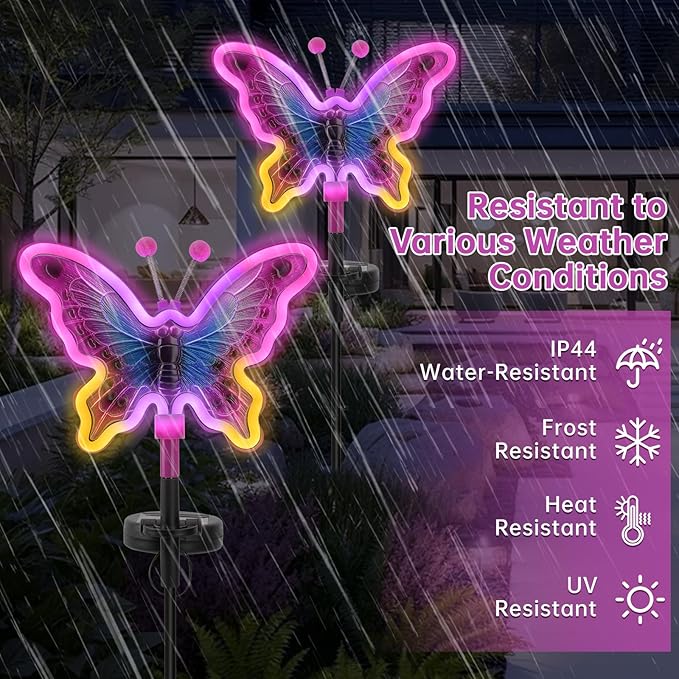 Butterfly Solar Lights, Solar Butterfly Outdoor Light, Garden Decor,Neon Butterfly Garden Lights for Outside, Yard, Pathways,Patio, Lawn, or Landscaping Decor (Amaranth, 2 Pack)