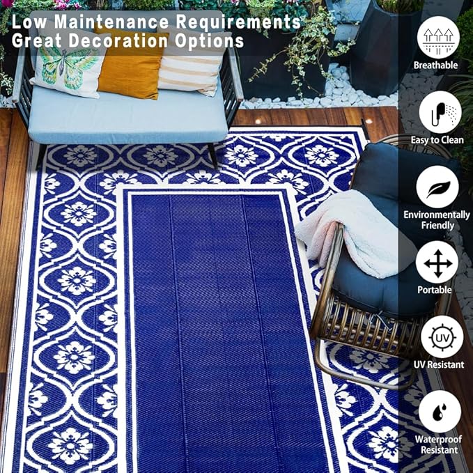Outdoor Rug 8x10 Patio Waterproof Mat Camping Carpet Outside Area Rug Reversible Light Blue Rugs for RV Deck Entryance Porch Picnic Balcony Beach