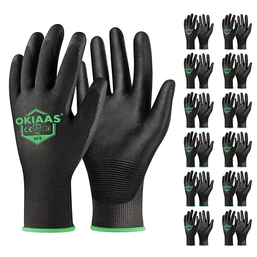 OKIAAS Men's Ultra-Thin and Lightweight Working Gloves with Grip, 12 Pairs, Black, Medium