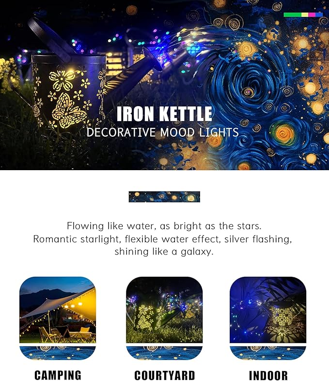 Solar Watering Can with Colorful Lighting, Waterproof Garden Decor, Birthday Gifts for Mom Grandma (Flag, 32 inch Shepherd Hook)