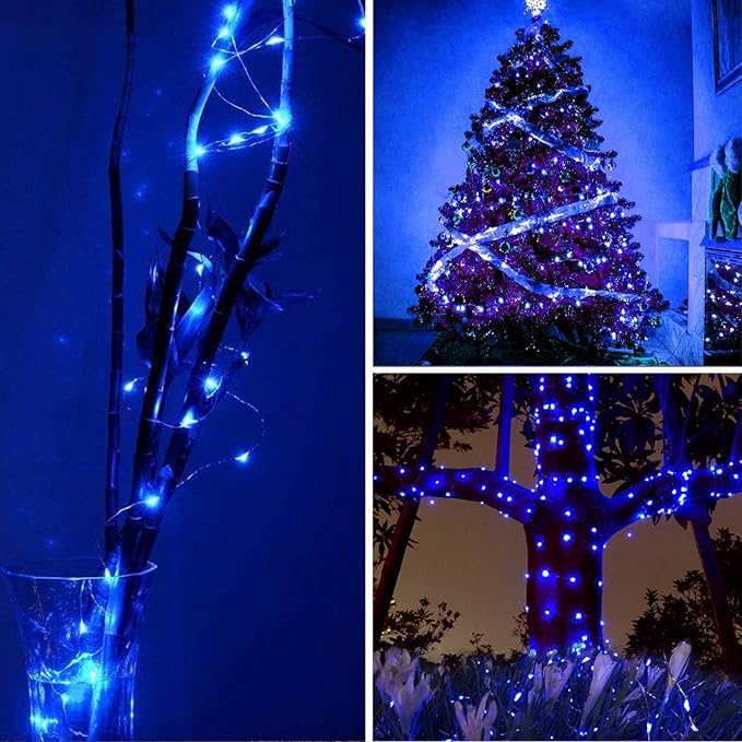 RUICHEN Blue Dimmable Fairy Lights Plug in, 99 Ft 300 LED Twinkle String Lights with Remote, Waterproof Silver Wire Firefly Lights for Bedroom, Patio, Yard, Christmas, Wedding, Party, New Year's Day