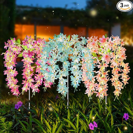 Neporal Solar Flowers Outdoor Waterproof IP65, 5 Lilac Flower Vines with 140+ Flowers, Warm Light & 2 Lightning Modes, 3PK Blue/Pink/Purple Solar Garden Lights Outdoor for Garden, Yard, Pathway Decor