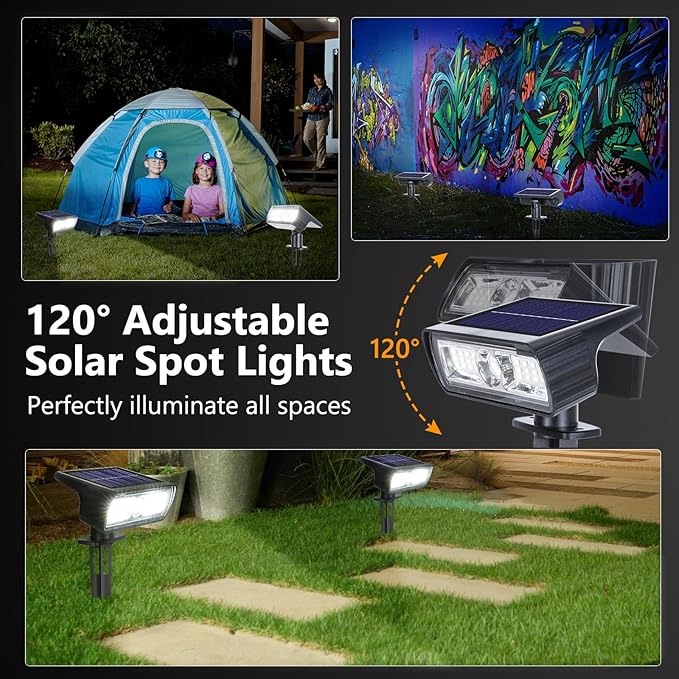 Toodour Solar Spot Light Outdoor, 2 Pack Solar Lights Outdoor with 2 Modes, Waterproof Solar Powered Flood Lights Landscape Lighting for Yard Garden Home Pathway Walkway Outdoor Decor - Cool White