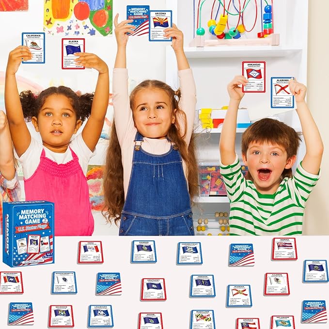 gisgfim 50 Pairs Memory Matching Game Flags of U.S. States Concentration Memory Card Educational Cards Games Geography Learn States Capitals Game Gift for Kid Adults Learning Activities Matching Games