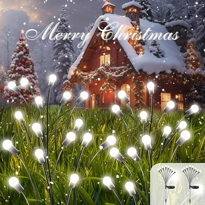 2025 Solar Lights Outdoor Waterproof, 2 Pack Solar Garden Lights, Solar Firefly Lights Outdoor Waterproof, Solar Twinkle Swaying Fairy Light for Yard Patio Pathway Garden Decoration (Cool White)