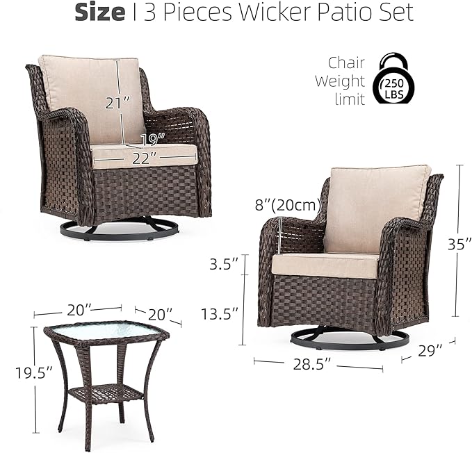 Towallmark Outdoor Swivel Wicker Glider Patio Chairs with Table Set, 3 Pieces Outdoor Bistro Set with 4”Thick Cushions and Coffee Table for Porch, Balcony, Deck (Beige)