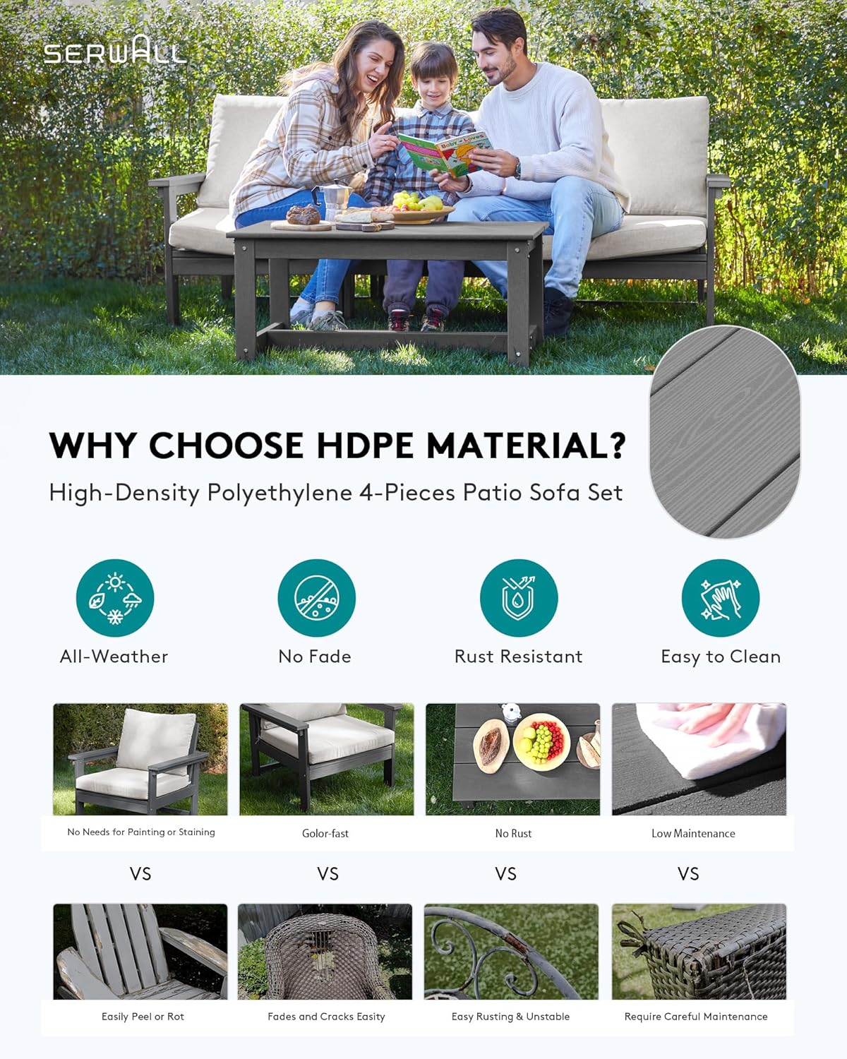 SERWALL HDPE Patio Sofa Set, 4-Piece Sectional Outdoor Furniture Set, All Weather Outdoor Couch Set Patio Furniture Set for Deck, Lawn, Grey Frame with Khaki Cushion