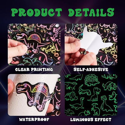 51 Pcs Neon Dinosaur Stickers for Kids Glow in The Dark, Dinos Sticker for Water Bottle, Vinyl Waterproof Laptop Decals for Teens Girls Boys, Students Adults Sticker Pack