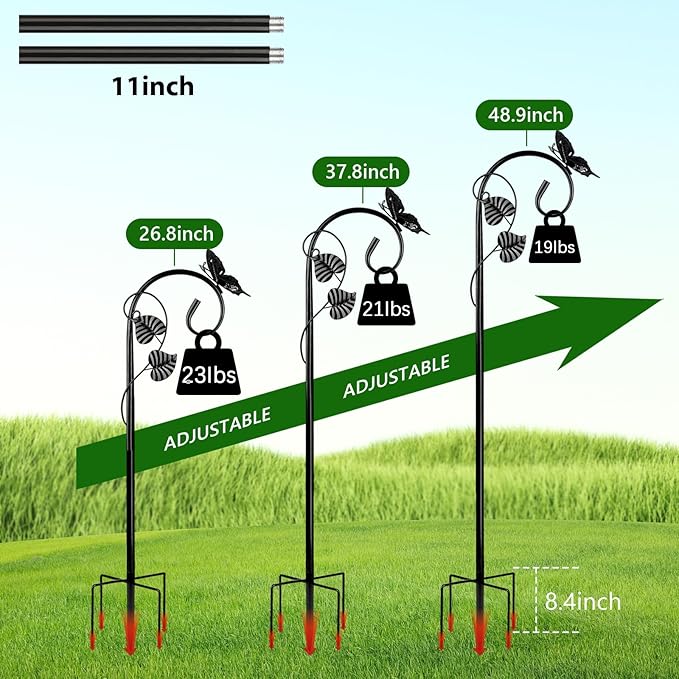 Shepherds Hooks for Outdoor Hummingbird Bird Feeder Pole Hanger 49 Inches with 5 Prongs Base Stainless Metal Adjustable Garden Hanging Holder Weddings Garden Decor Butterfly 1-Pack