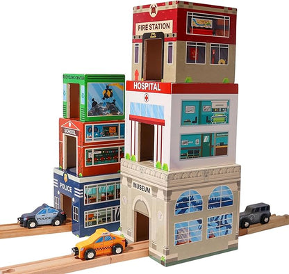 6 Wooden Stacking City Buildings - Nesting Community Helpers Building Boxes - Wood Sorting Cubes Town Play Set for Mats, Toy Cars and Trains - Educational Preschool Track Accessories Learning Toddler