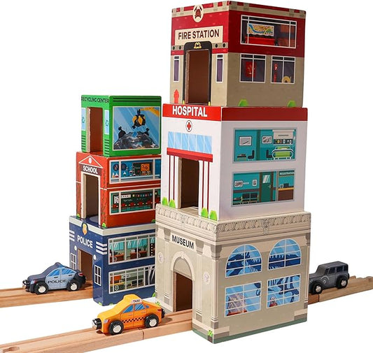 6 Wooden Stacking City Buildings - Nesting Community Helpers Building Boxes - Wood Sorting Cubes Town Play Set for Mats, Toy Cars and Trains - Educational Preschool Track Accessories Learning Toddler