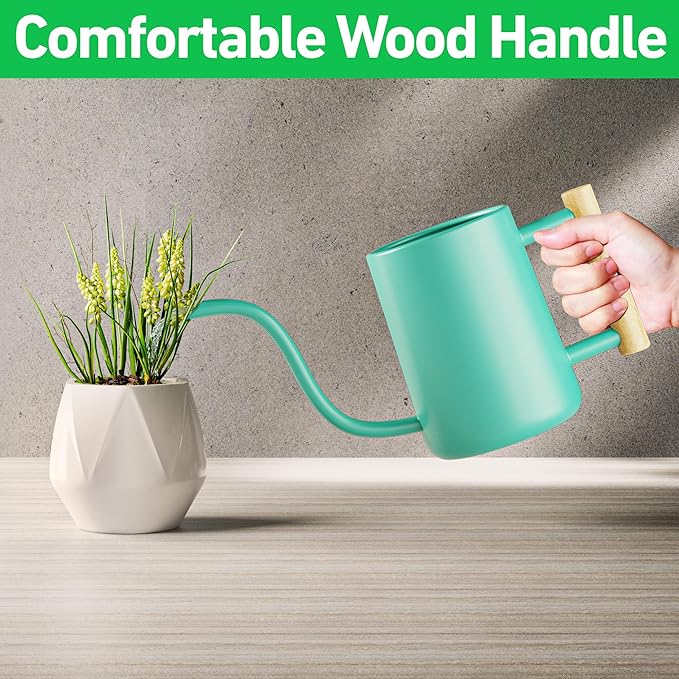 35 oz Metal Small Indoor Watering Can with Long Spout & Real Wood Handle for House Plants, Succulents, Cacti & Seedlings - Green Long Spout Watering Can Indoor Plants - Stylish, Gentle Flow, No Spills