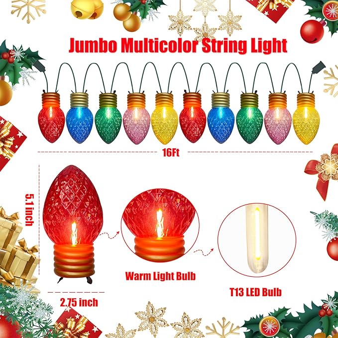 Jumbo Multicolor Christmas String Lights,16FT Jumbo Christmas Hanging Lights with 10 5'' LED C9 Large Strawberry Multicolor Bulbs, Hanging Christmas Decorations Lights for Home Tree Roof Yard Garden
