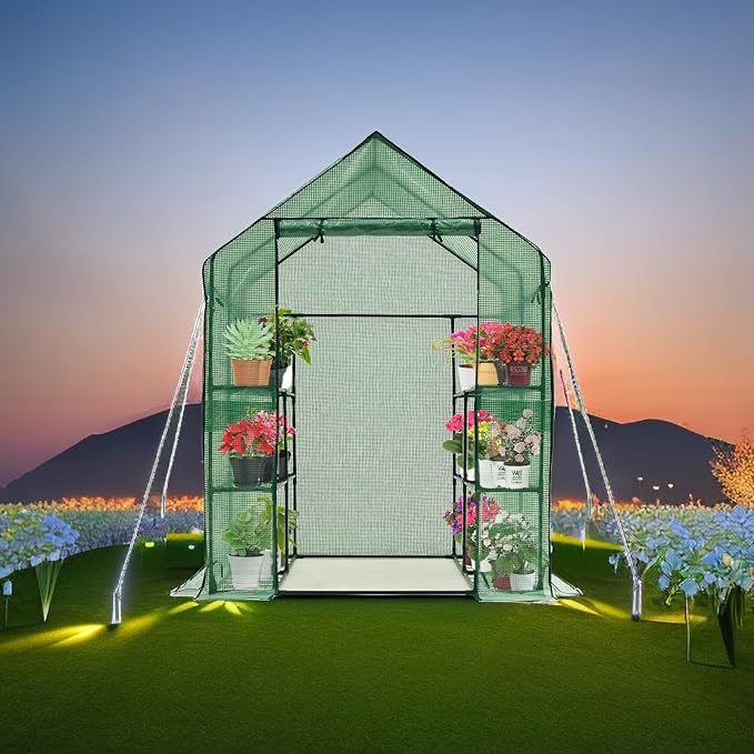 Walk-in Greenhouse w/ Roll-Up Zipper Door & Screen Windows-3 Tiers 12 Shelves 56x56x76“ PE Greenhouse for Outdoor Gardening Plants Cold Frost Protection Wind Rain Proof(PLGHW002G-N)